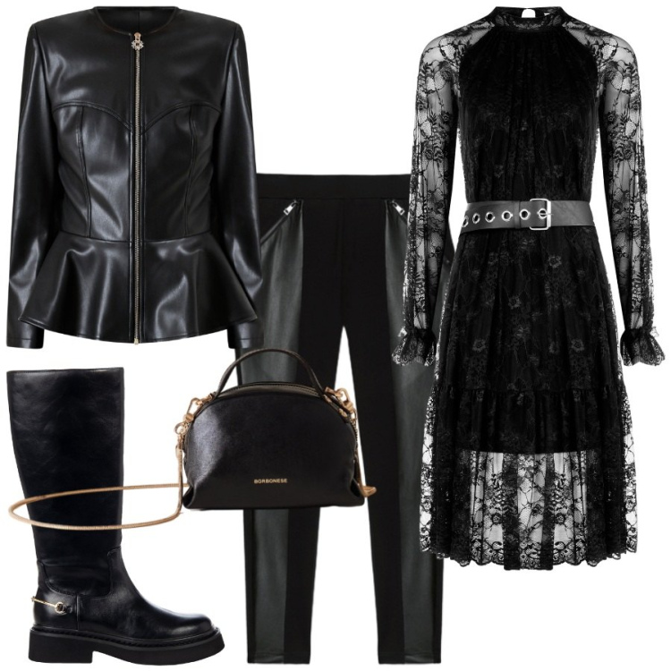 Outfit donna - Giochi di layering. Stile Glamour per Serata fuori. Abbinamento con borse a mano, vestiti corti, giacche, stivali sopra il ginocchio, leggings.