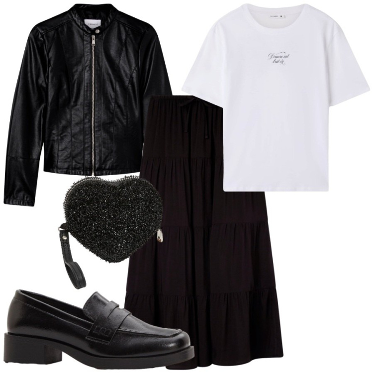 Outfit donna - Giacca in pelle+gonna+mocassini. Stile Military per Tutti i giorni. Abbinamento con mocassini, gonne lunghe, portafogli, giacche, t-shirt.