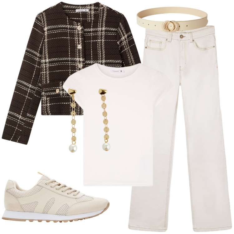 Outfit donna - Sportive e raffinate. Stile Casual chic per Tutti i giorni. Abbinamento con sneakers, orecchini, cinture, jeans bootcut, blazer, t-shirt.