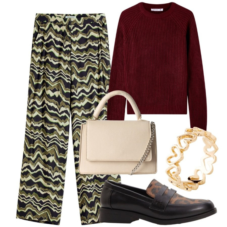 Outfit donna - Pantaloni stampati+pullover+macassini. Stile Casual chic per Tutti i giorni. Abbinamento con anelli, mocassini, pantaloni a palazzo, borse a tracolla, maglieria.