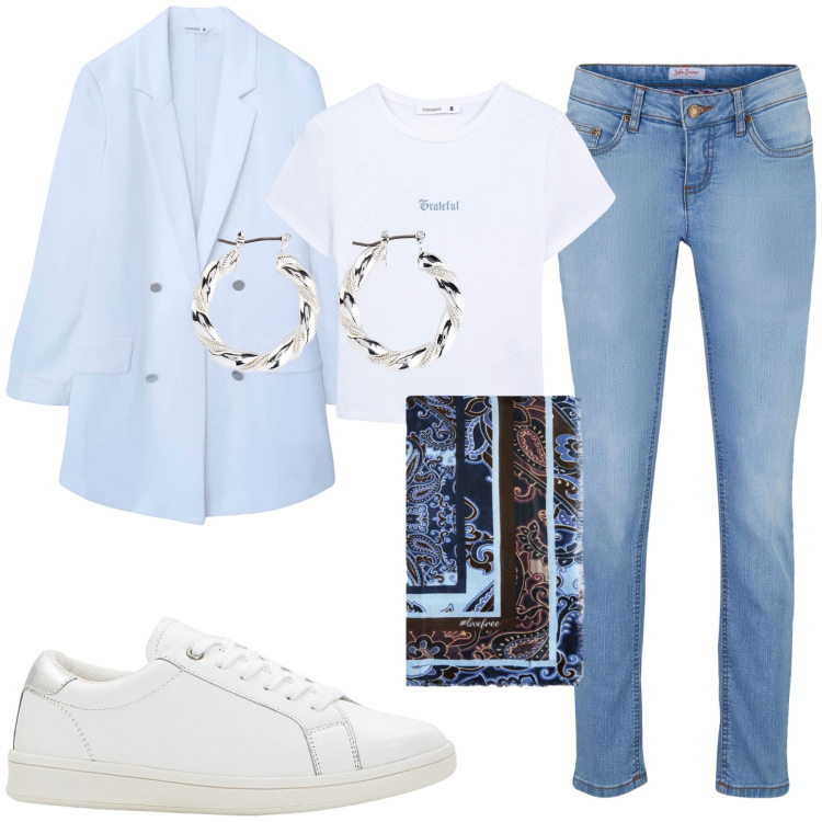 Outfit donna - Azzurro come il clielo. Stile Casual chic per Tutti i giorni. Abbinamento con sneakers, orecchini, jeans skinny, blazer, t-shirt, foulard.