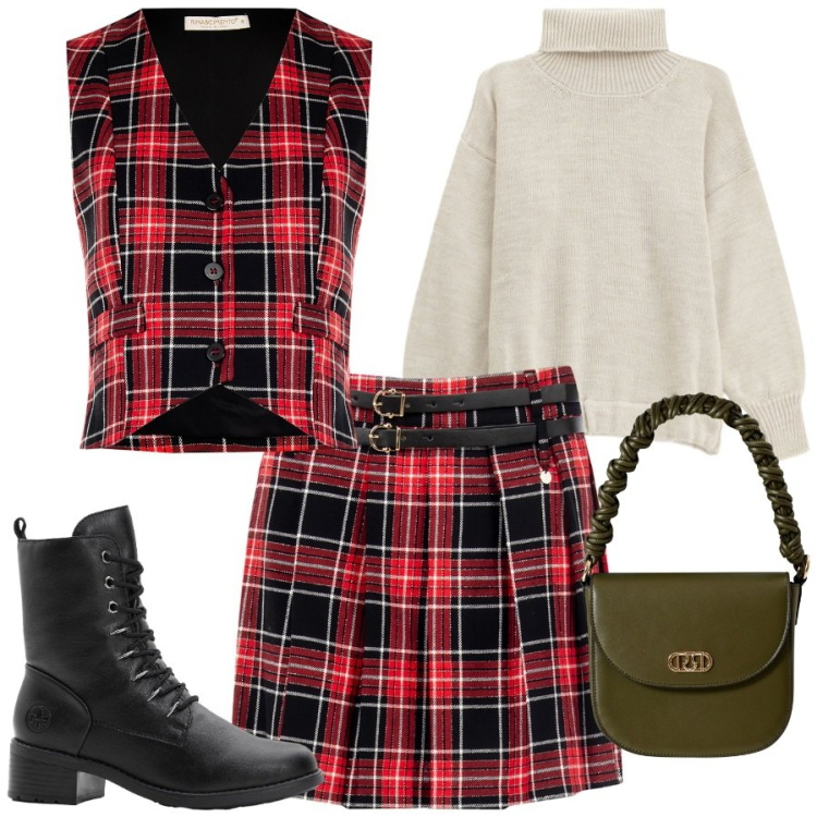 Outfit donna - Completo coordinato. Stile Vintage retrò per Tutti i giorni. Abbinamento con stivaletti, maglieria, borse a mano, gilet, minigonne.