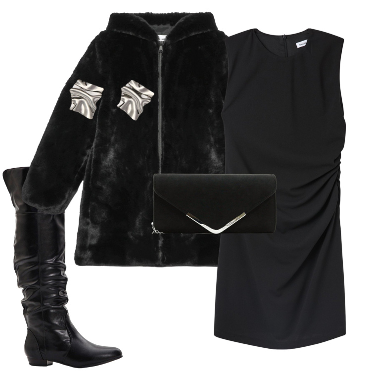 Outfit donna - Stivali e rubino. Stile Glamour per Serata fuori. Abbinamento con stivali sopra il ginocchio, pochette, vestiti corti, cappotti, orecchini.