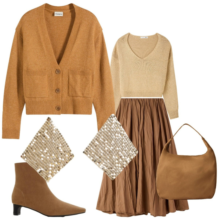 Outfit donna - Il colore senape. Stile Basic per Scuola/Università. Abbinamento con stivaletti, cardigans, maglieria, orecchini, gonne lunghe, borse a mano.