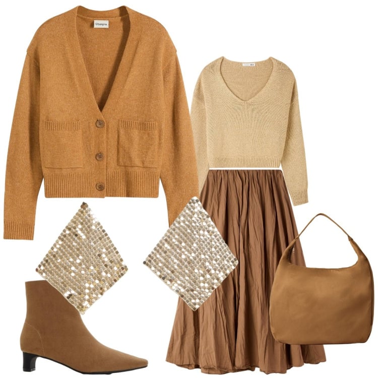 Outfit donna - Il colore senape. Stile Basic per Scuola/Università. Abbinamento con stivaletti, cardigans, maglieria, orecchini, gonne lunghe, borse a mano.