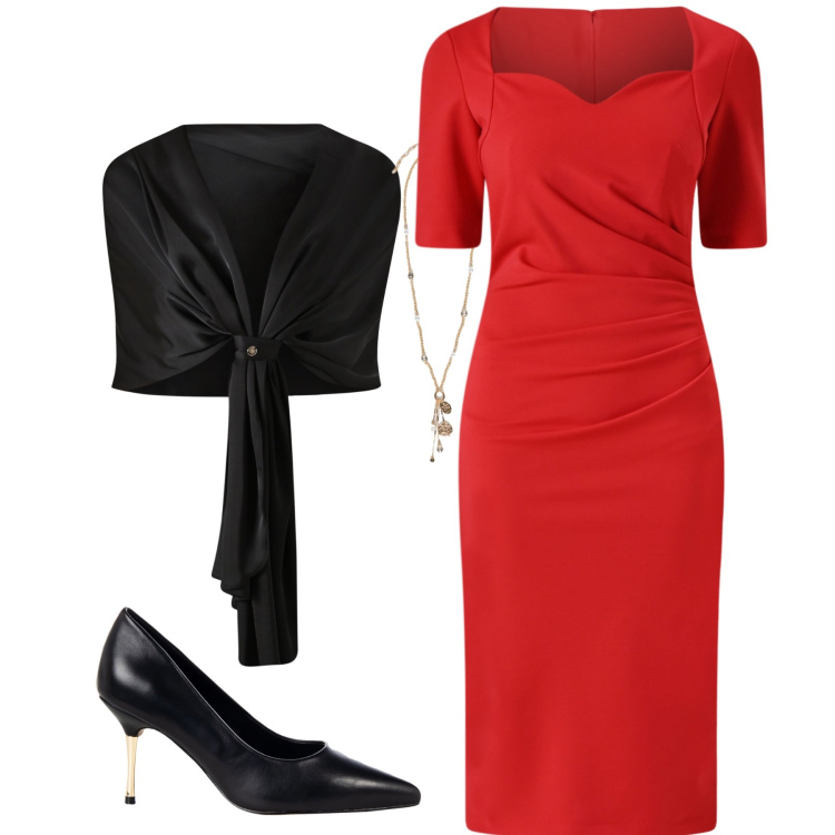 Outfit donna - Un tubino rosso. Stile Bon Ton per Serata fuori. Abbinamento con scialli, vestiti a tubino, décolleté, ciondoli.