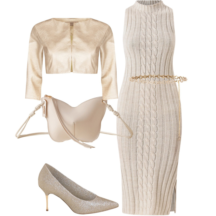 Outfit donna - Un lungo vestito in maglia. Stile Glamour per Serata fuori. Abbinamento con vestiti midi/longuette, bolero, cinture, décolleté, borse a tracolla.