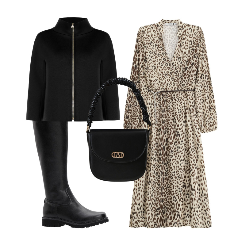 Outfit donna - Un lungo abito animalier. Stile Glamour per Serata fuori. Abbinamento con stivali, cappe, borse a mano, vestiti midi/longuette.