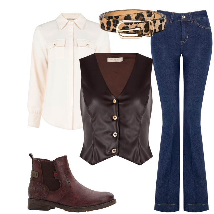 Outfit donna - Il gilet in pelle marrone. Stile Glamour per Serata fuori. Abbinamento con stivaletti chelsea, camicie, jeans a zampa, gilet, cinture.