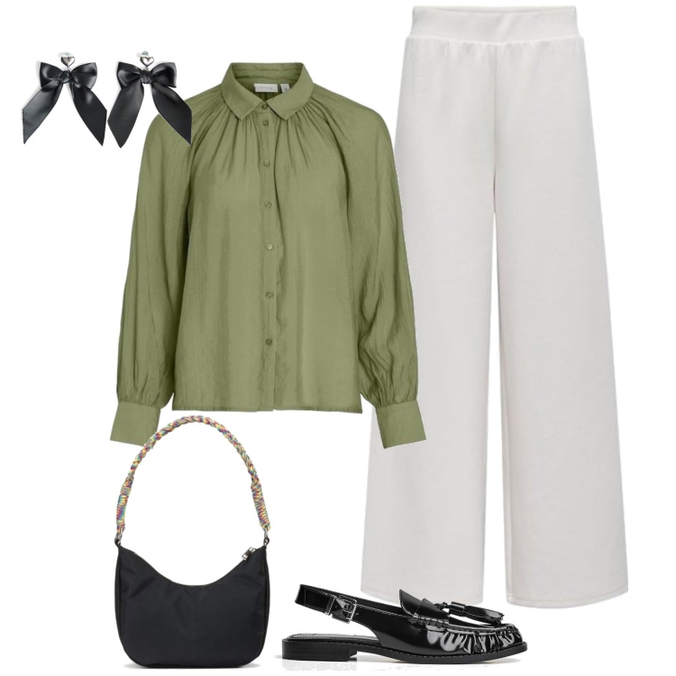 Outfit mujer - Casual chic #17726. Estilo Casual chic para Oficina. Combinación con mocasines, bolsos de mano, pantalones, pendientes, blusas.