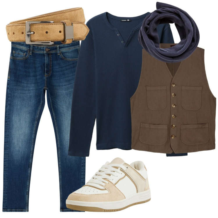 Outfit uomo - Total look #2275700. Stile Trendy per Tutti i giorni. Abbinamento con cinture, jeans skinny, sciarpe, sneakers, t-shirt, gilet.