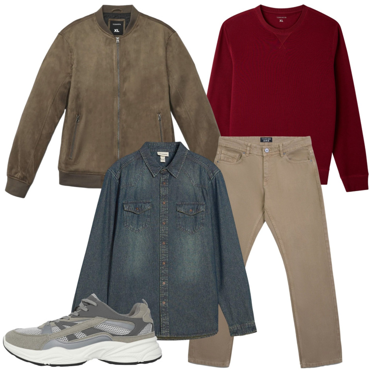Outfit uomo - Mix di grigio, bordeaux e marrone. Stile Casual per Ufficio. Abbinamento con camicie, sneakers, jeans, felpe, giacche.