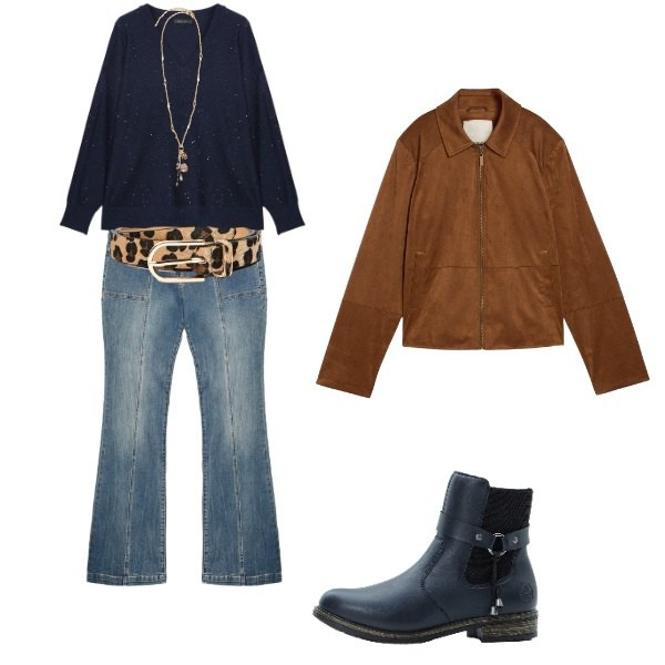 Outfit donna - Look da giorno autunnale. Stile Casual chic per Tutti i giorni. Abbinamento con stivaletti chelsea, blazer, maglieria, jeans, ciondoli, cinture.