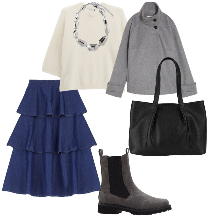 Outfit donna - Gonna a balza. per Tutti i giorni. Abbinamento con stivaletti chelsea, blazer, shopping bag, gonne lunghe, pullovers, ciondoli.