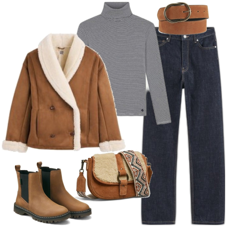 Outfit mujer - Casual #12243. Estilo Casual para Escuela/Universidad. Combinación con camiseta, botines chelsea, abrigos, vaqueros rectos, cinturones, bandoleras.