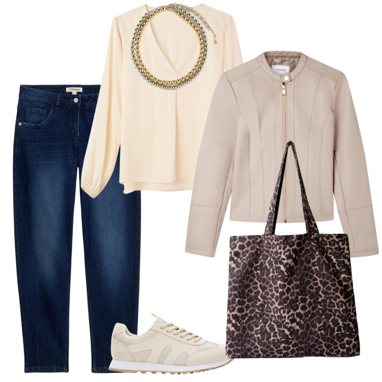 Outfit donna - A lavoro. per Ufficio. Abbinamento con jeans, sneakers, giacche, bluse, shopping bag, collane.