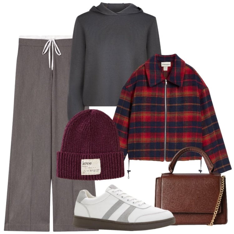 Outfit donna - Passeggiata autunnale. Stile Sporty chic per Sport. Abbinamento con blazer, sneakers, berretti, borse a tracolla, pantaloni, maglieria.