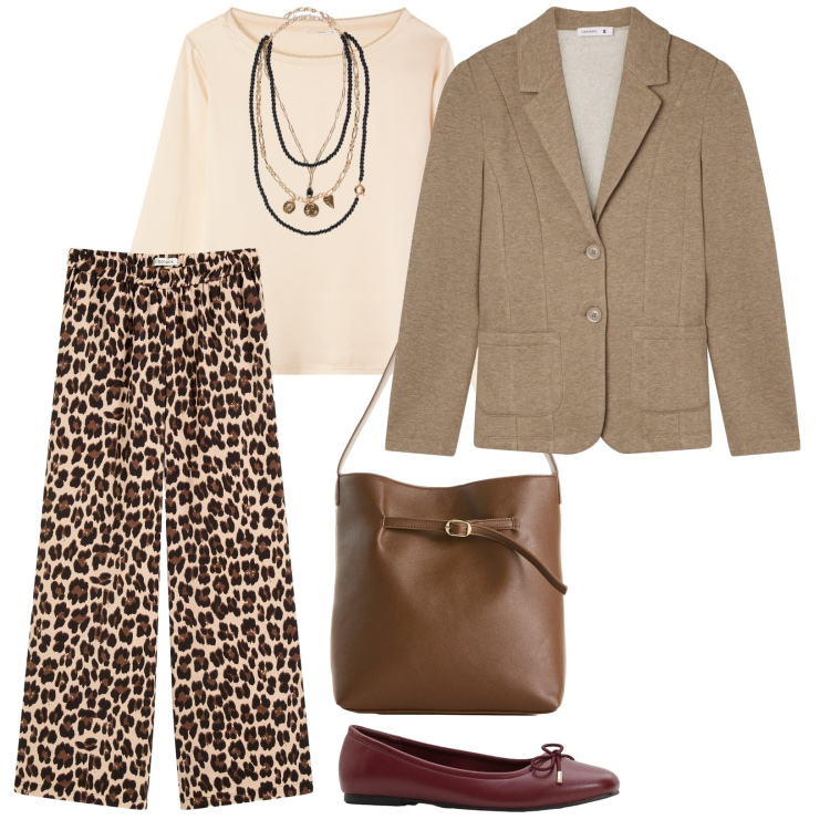 Outfit donna - Per tutti i giorni. per Tutti i giorni. Abbinamento con ballerine, pantaloni a palazzo, borse a mano, bluse, blazer, collane.