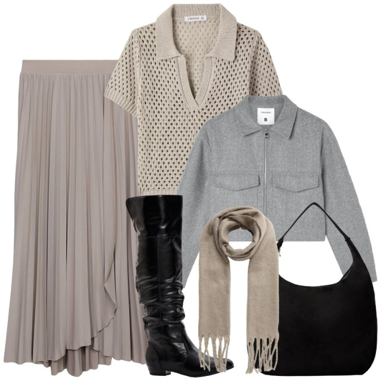 Outfit donna - Color tortora. Stile Trendy per Tutti i giorni. Abbinamento con stivali sopra il ginocchio, gonne lunghe, polo, blazer, borse a mano, sciarpe.