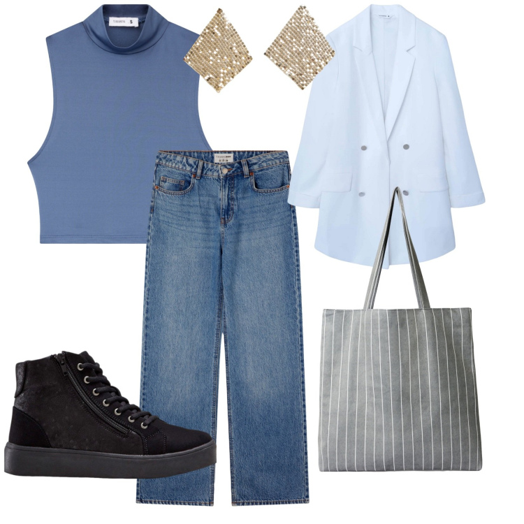 Outfit donna - Di giorno. per Tutti i giorni. Abbinamento con sneakers alte, orecchini, blazer, shopping bag, top, jeans.