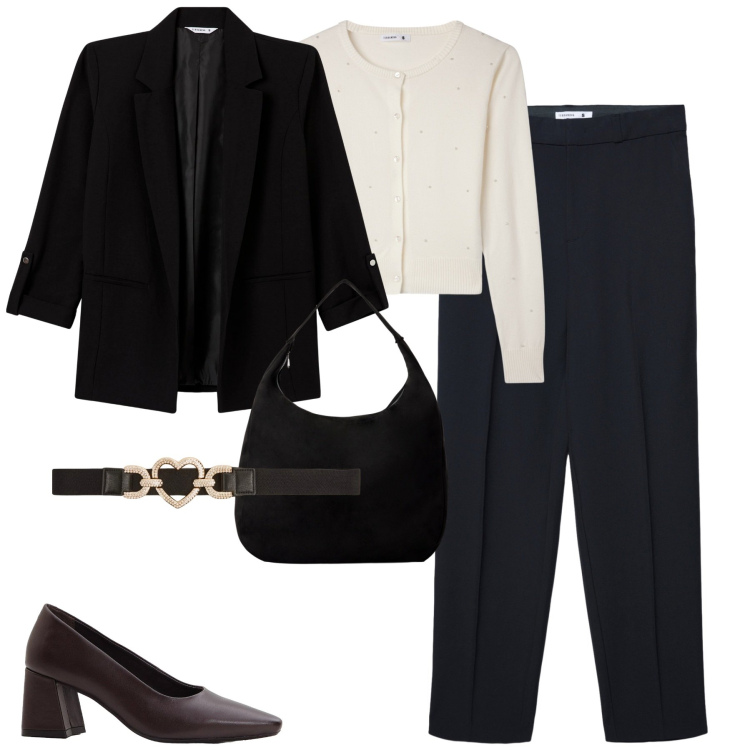 Outfit donna - Ottobre. Stile Minimal per Tutti i giorni. Abbinamento con décolleté, blazer, cardigans, cinture, borse a mano, pantaloni.