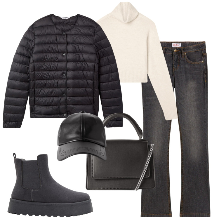 Outfit donna - City. Stile Casual per Tutti i giorni. Abbinamento con stivaletti chelsea, jeans bootcut, cappelli con visiera, borse a tracolla, maglieria, piumini.