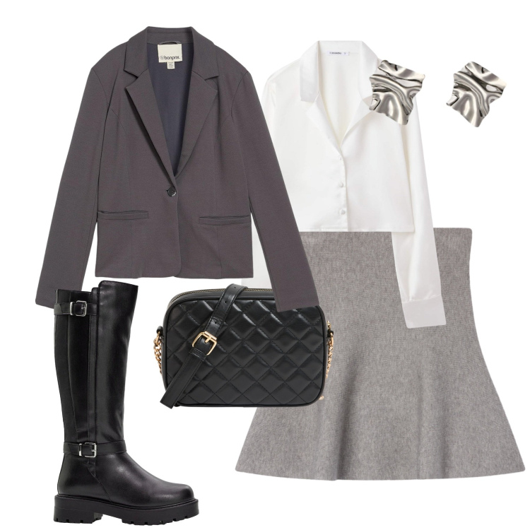 Outfit donna - Ottobre. Stile Urban per Tutti i giorni. Abbinamento con stivali, blazer, minigonne, borse a tracolla, camicie, orecchini.