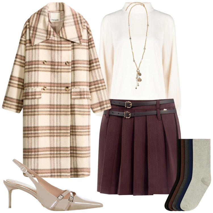 Outfit donna - Total look #2275729. Stile Urban per Tutti i giorni. Abbinamento con calzini, cappotti, décolleté, minigonne, bluse, ciondoli.