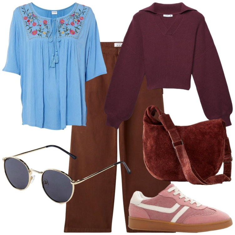 Outfit donna - blusa etnica. Stile Etnico per Tutti i giorni. Abbinamento con tuniche, occhiali da sole, sneakers, borse a mano, pantaloni, maglieria.