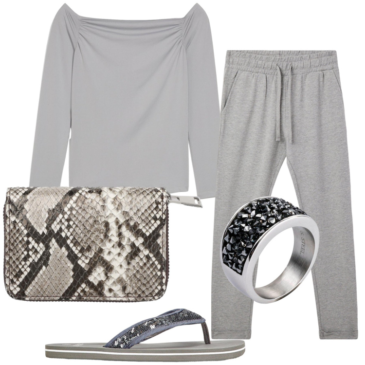 Outfit donna - Lavorare da casa. Stile Basic per Tutti i giorni. Abbinamento con infradito, anelli, maglieria, pantaloni, portafogli.