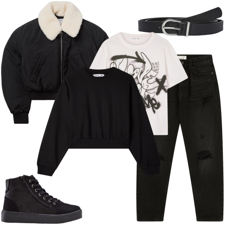 Outfit donna - A scuola di/con stile. Stile Urban per Scuola/Università. Abbinamento con sneakers alte, jeans mom, t-shirt, blazer, cinture, felpe.