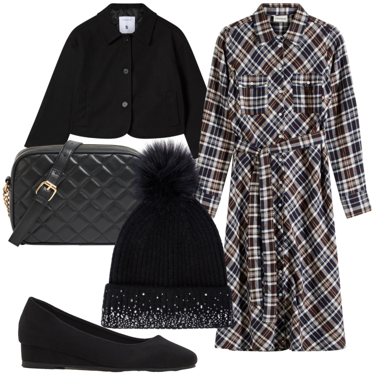 Outfit donna - Pomeriggio da parenti. Stile Urban per Tutti i giorni. Abbinamento con décolleté, vestiti chemisier, borse a tracolla, berretti, blazer.