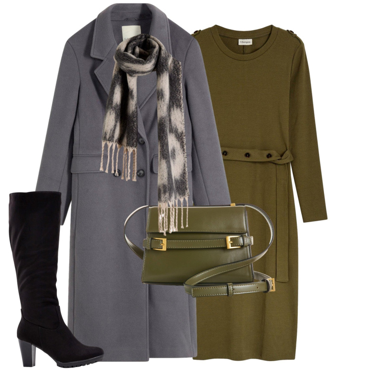 Outfit donna - Ottobre. Stile Urban per Tutti i giorni. Abbinamento con vestiti midi/longuette, stivali, cappotti, sciarpe, borse a tracolla.