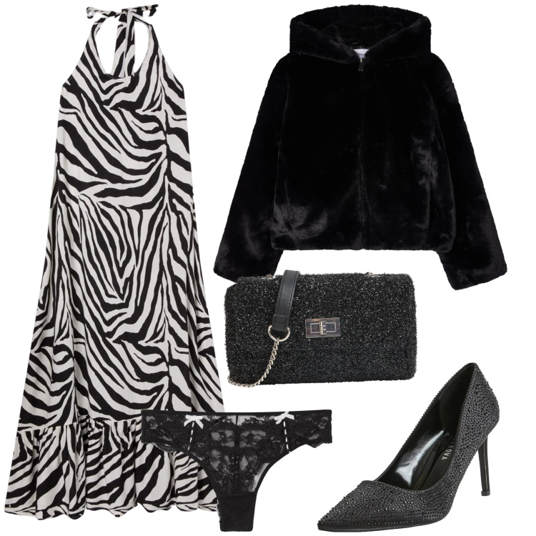 Outfit donna - Una zebra in città. Stile Glamour per Serata fuori. Abbinamento con décolleté, borse a tracolla, vestiti lunghi, ecopellicce, culotte.