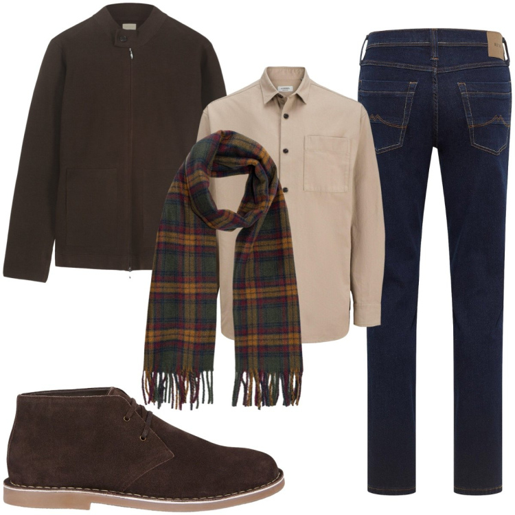 Outfit uomo - Una uscita serale. Stile Casual per Serata speciale. Abbinamento con jeans dritti, camicie, stivali e stivaletti, sciarpe, bomber.