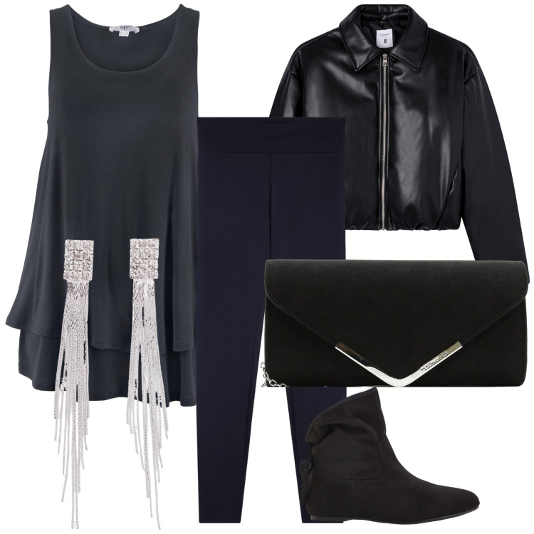 Outfit donna - Tunica leggings ed ecopelle. Stile Trendy per Serata fuori. Abbinamento con orecchini, stivaletti, pochette, top, giacche, leggings.