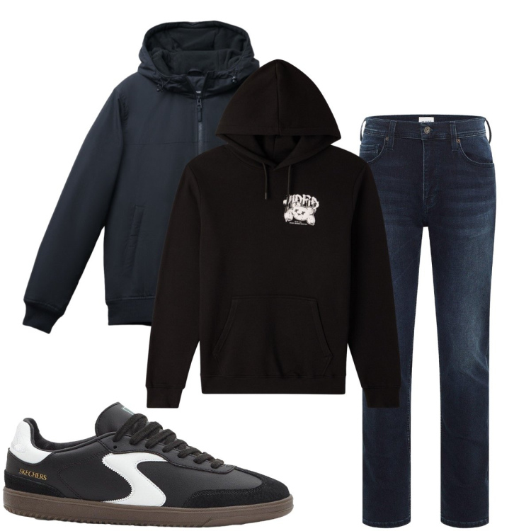 Outfit uomo - Passeggiata pomeridiana. Stile Urban per Tutti i giorni. Abbinamento con sneakers, jeans slim fit, giacche, felpe con cappuccio.