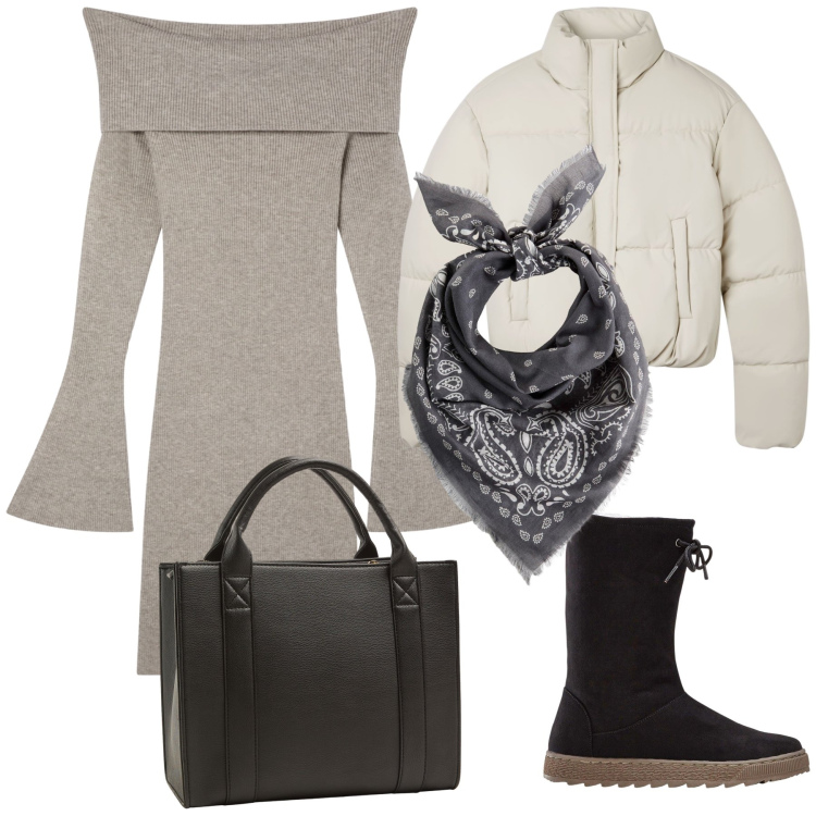 Outfit donna - Total look. Stile Urban per Tutti i giorni. Abbinamento con stivali, foulard, bomber, borse tote, vestiti corti.