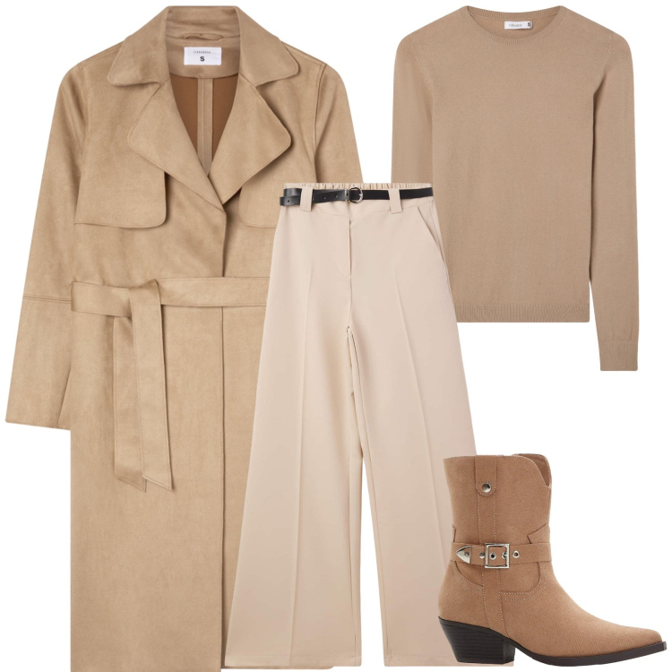 Outfit donna - Nei toni del beige. Stile Urban per Ufficio. Abbinamento con stivaletti texani, pantaloni, trench, maglieria.