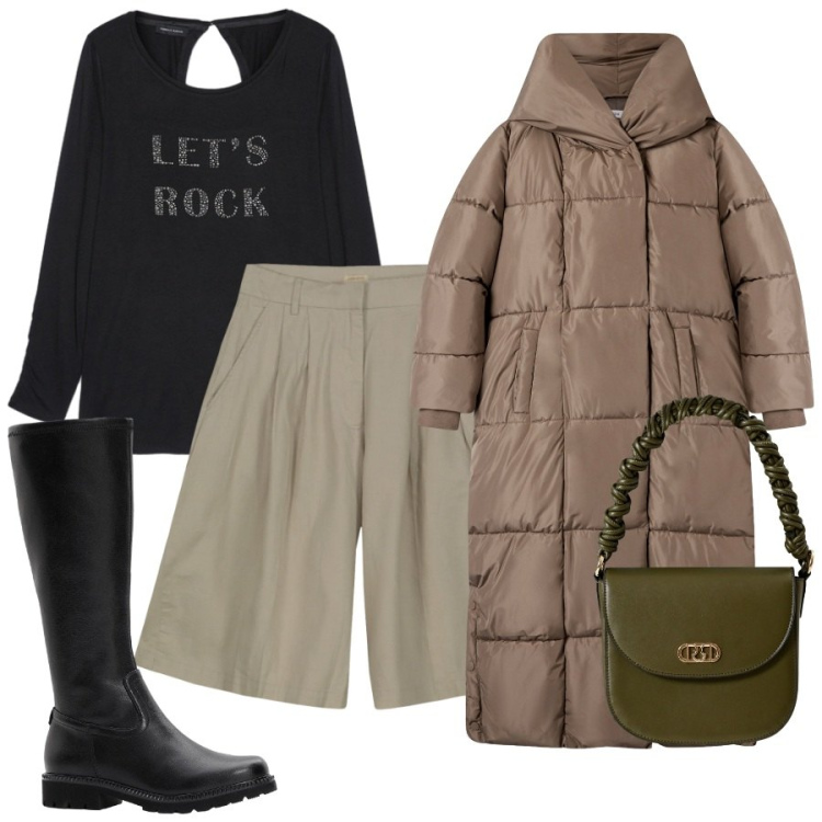 Outfit donna - Piumino lungo. Stile Military per Tutti i giorni. Abbinamento con stivali, cappotti, borse a mano, bermuda, t-shirt.