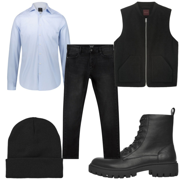 Outfit uomo - Total look #2275762. Stile Casual per Tutti i giorni. Abbinamento con jeans skinny, anfibi, berretti, camicie, giacche.