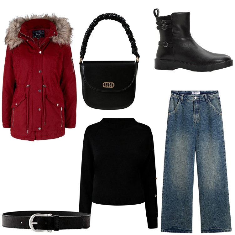 Outfit donna - Red coat. Stile Casual per Tutti i giorni. Abbinamento con cinture, parka, jeans, stivaletti, borse a mano, maglieria.