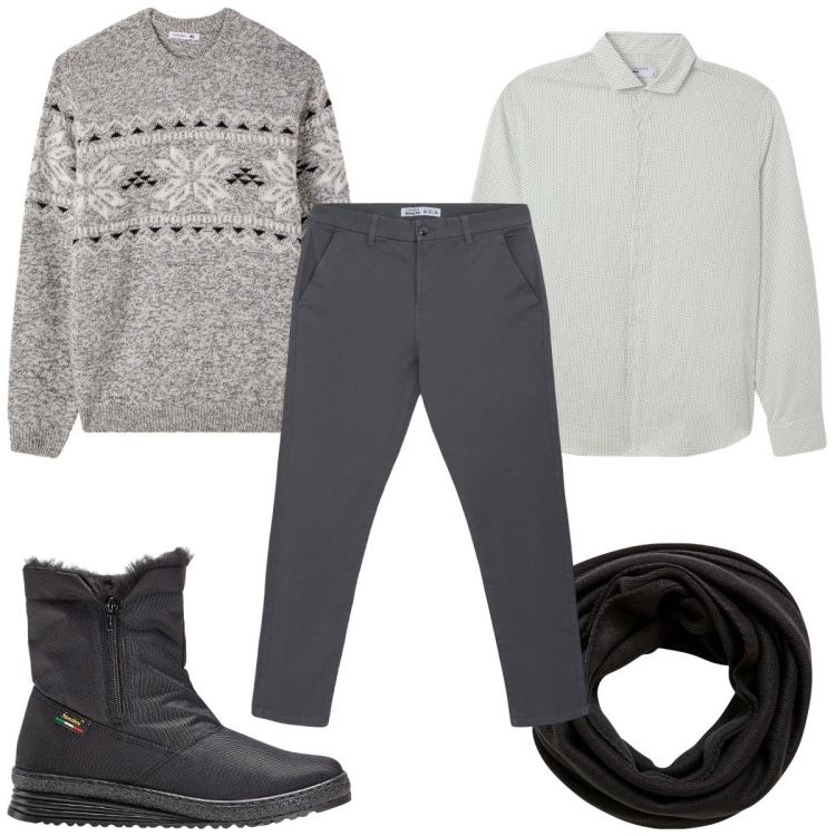 Outfit uomo - Total look #2275769. Stile Casual per Tutti i giorni. Abbinamento con stivali e stivaletti, sciarpe, camicie, pantaloni chino, maglieria.