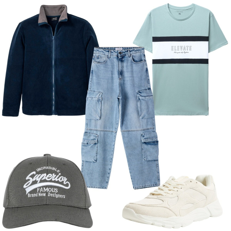 Outfit uomo - Total look #2275780. Stile Trendy per Tutti i giorni. Abbinamento con giacche, sneakers, cappelli con visiera, t-shirt, jeans.