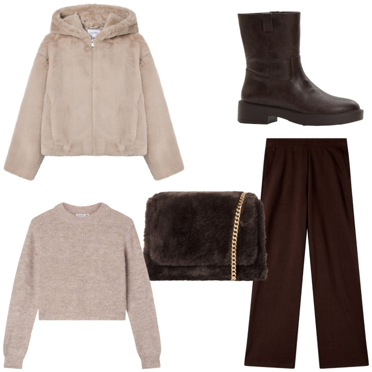 Outfit donna - Marrone cioccolato. Stile Casual chic per Tutti i giorni. Abbinamento con stivaletti, pantaloni, ecopellicce, maglieria, borse a tracolla.