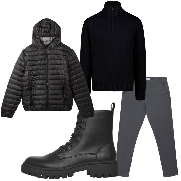 Outfit uomo - Fuori piove. Stile Casual per Tutti i giorni. Abbinamento con pantaloni chino, anfibi, piumini, maglieria.