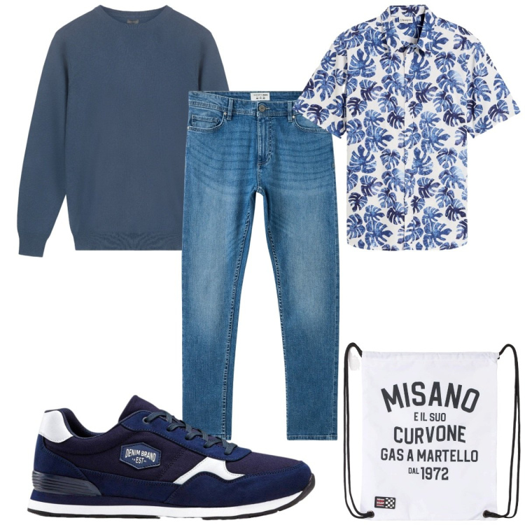 Outfit uomo - Total look #2275800. Stile Casual per Tutti i giorni. Abbinamento con sneakers, camicie a manica corta, borse sportive, jeans skinny, maglieria.