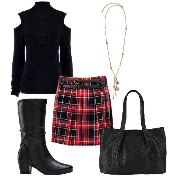 Outfit donna - la gonna tartan. Stile Trendy per Tutti i giorni. Abbinamento con stivali, shopping bag, maglieria, minigonne, ciondoli.