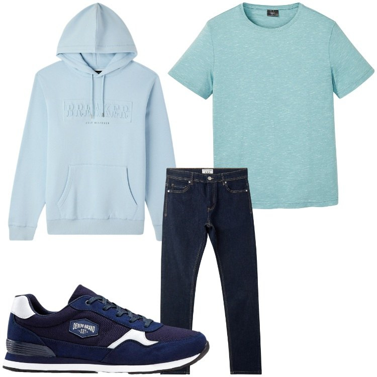 Outfit uomo - Blu per me. Stile Casual per Tutti i giorni. Abbinamento con sneakers, t-shirt, jeans skinny, felpe con cappuccio.