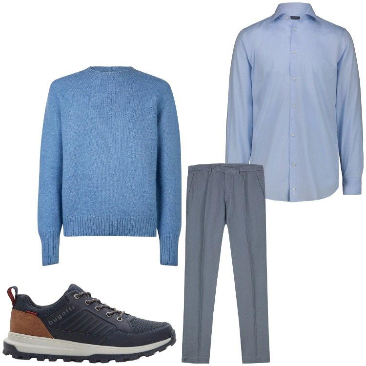 Outfit uomo - Celestiale. Stile Business/Elegante per Tutti i giorni. Abbinamento con sneakers, pantaloni, maglieria, camicie.
